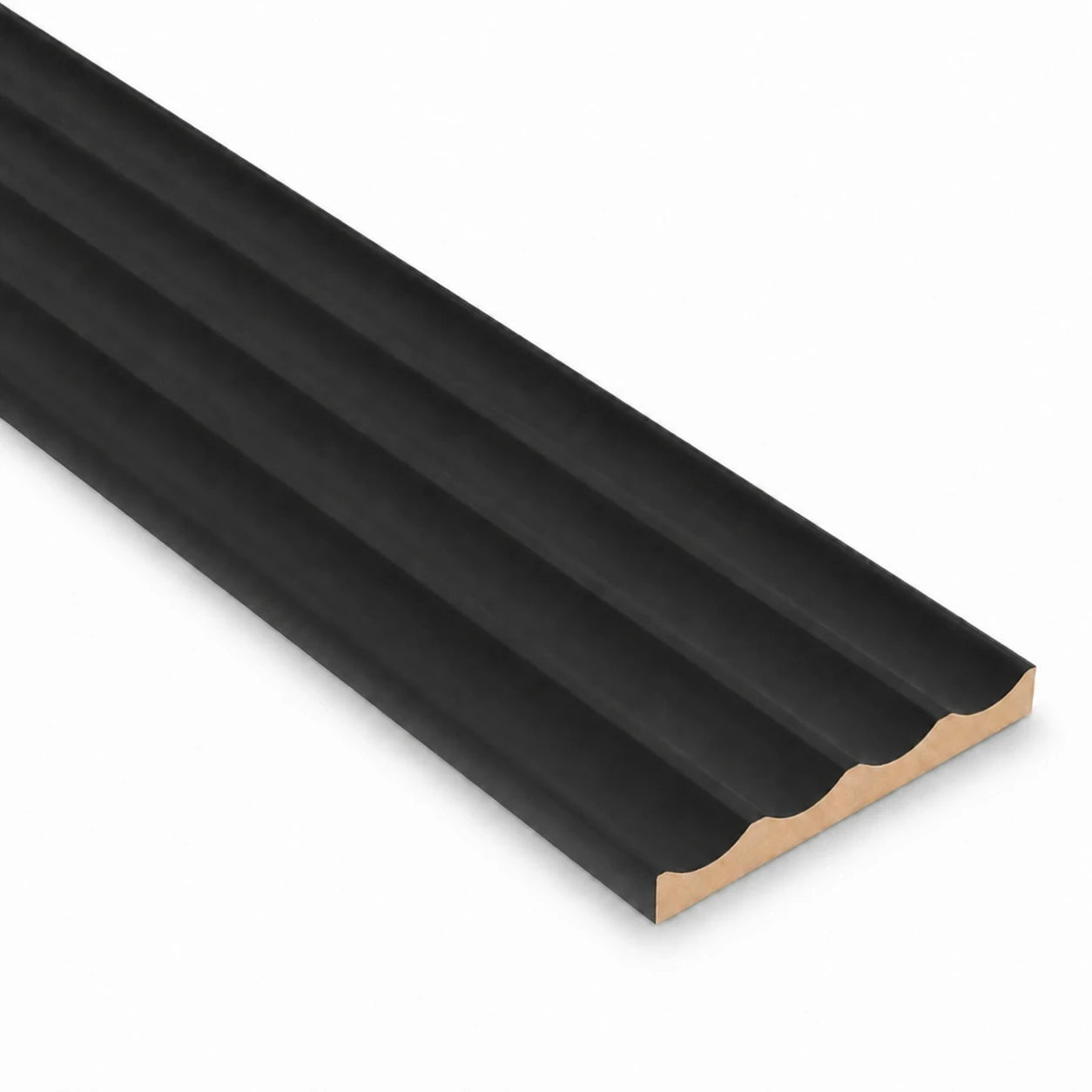 Black matte MDF wall panel with a shallow wave-shaped profile and evenly spaced concave vertical grooves, displayed on a white background.