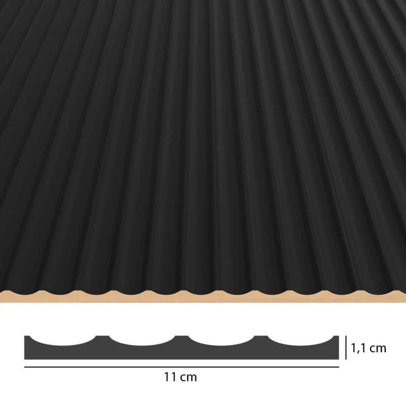 Technical view of a black concave fluted MDF panel showing four grooves, an overall width of 11 cm and a thickness of 1.1 cm.