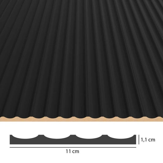 Technical view of a black concave fluted MDF panel showing four grooves, an overall width of 11 cm and a thickness of 1.1 cm.