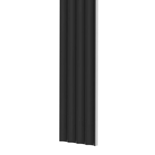Single tall black matte MDF wall panel with four narrow vertical concave flutes, isolated on a white background.