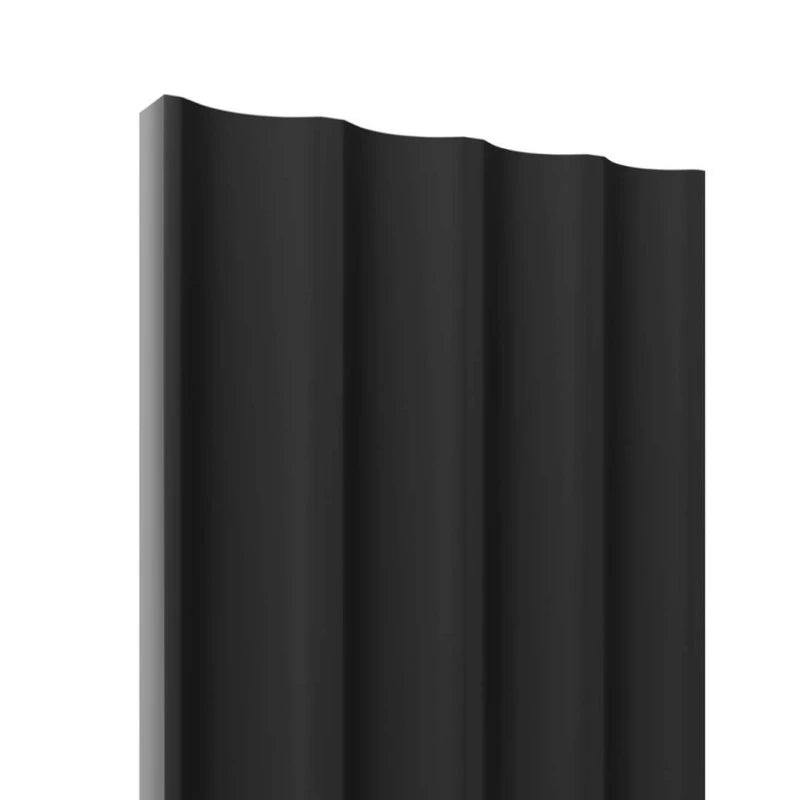 Close-up product view of a black matte wall panel with four wide, shallow concave vertical grooves and a gently waved upper edge.