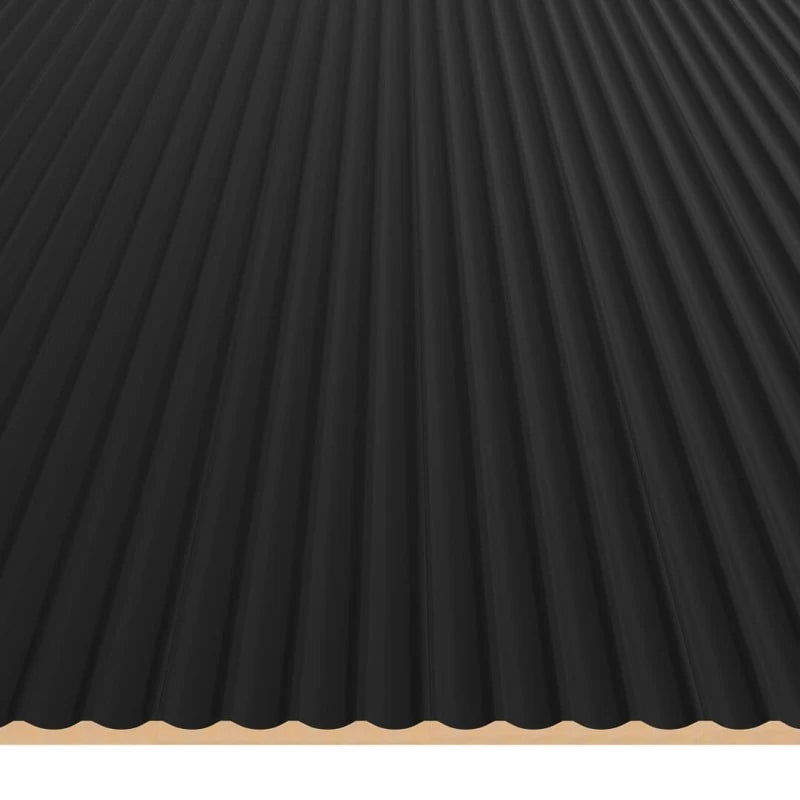 Black concave fluted MDF wall panel shown from the front, with narrow vertical grooves and the natural MDF core visible along the bottom edge.