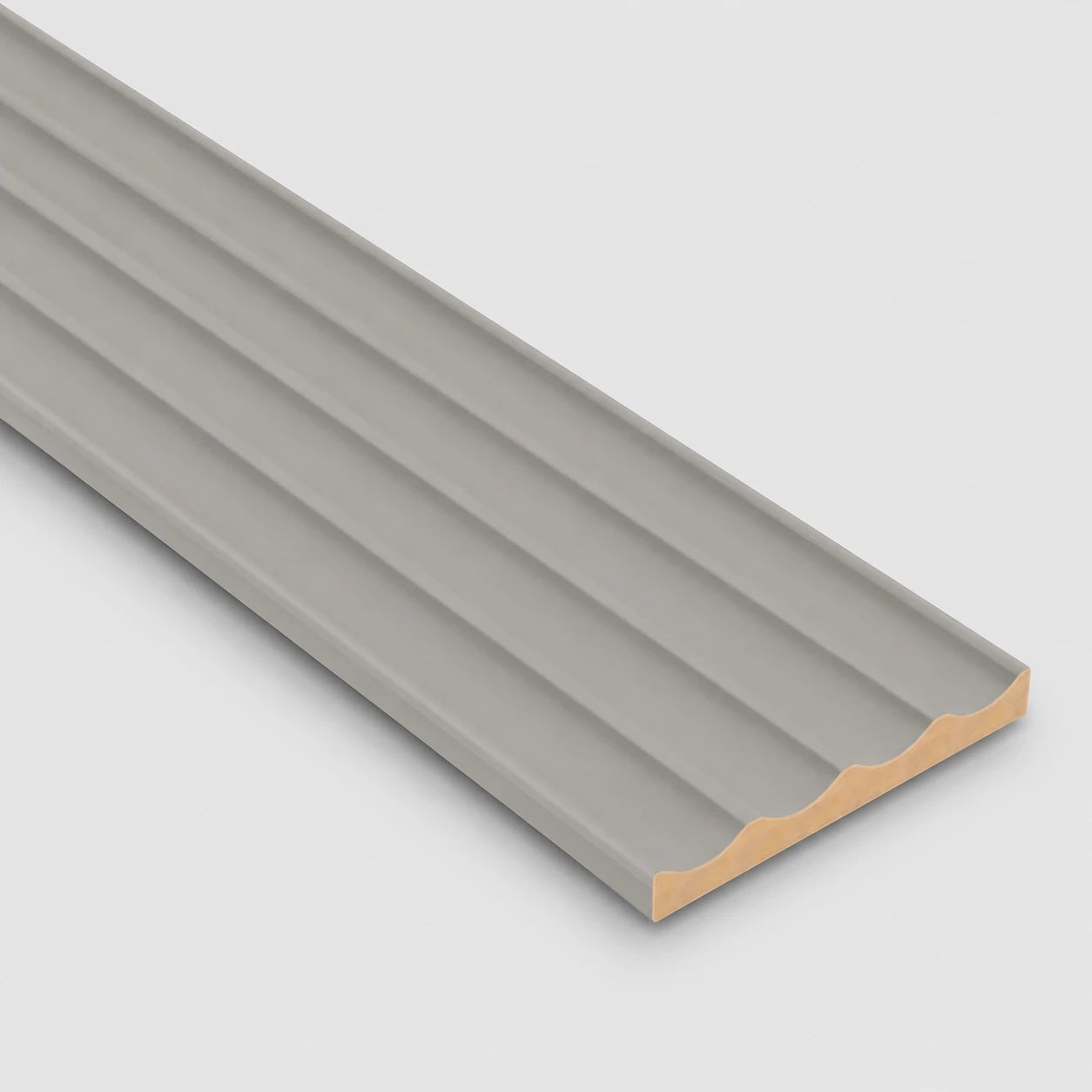 Cashmere-coloured fluted MDF wall panel displayed diagonally on a light grey background with a soft shadow underneath