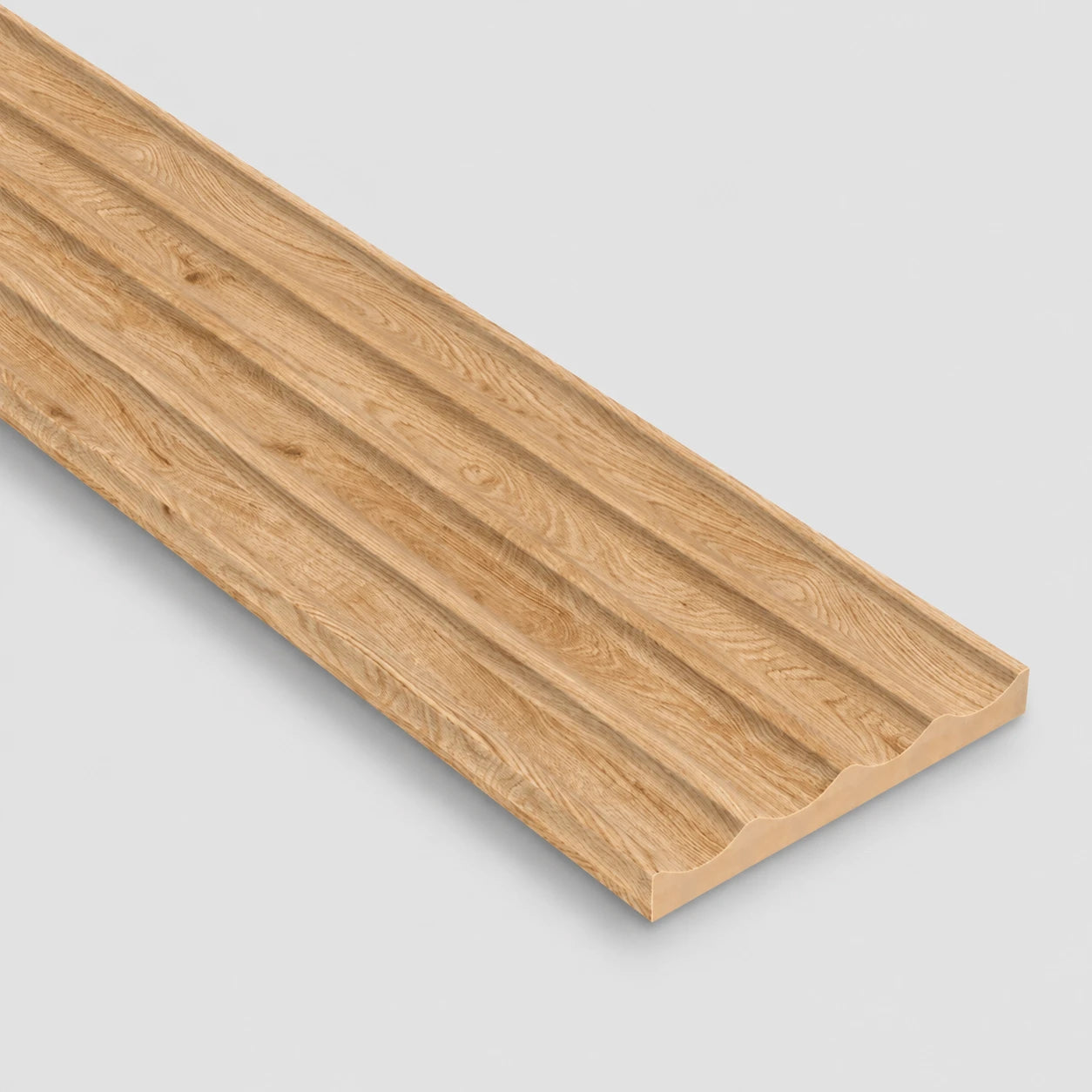 Natural oak wave-shaped MDF wall panel displayed diagonally on a light grey background with a soft shadow underneath