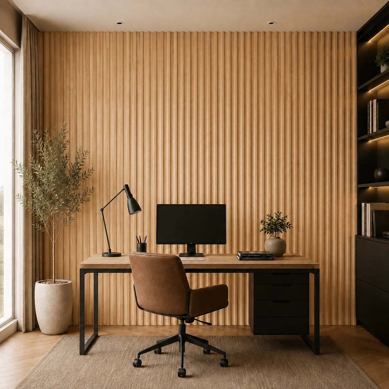 Modern home office with a desk, brown leather chair and a full-height natural oak wall covered with narrow wave-shaped fluted panels