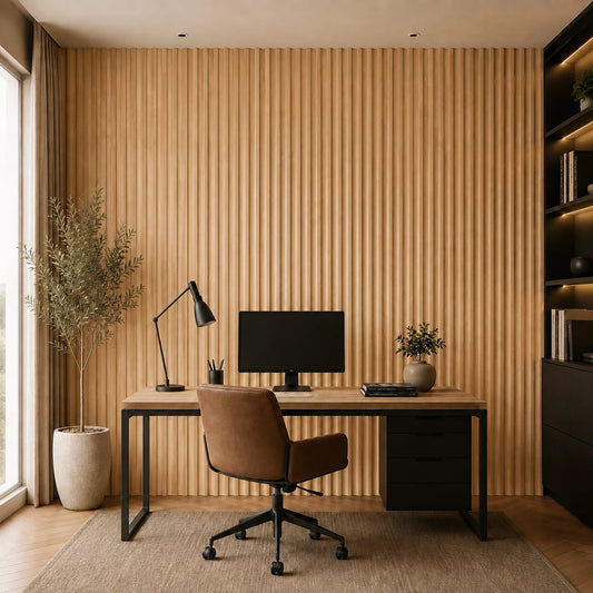 Modern home office with a desk, brown leather chair and a full-height natural oak wall covered with narrow wave-shaped fluted panels