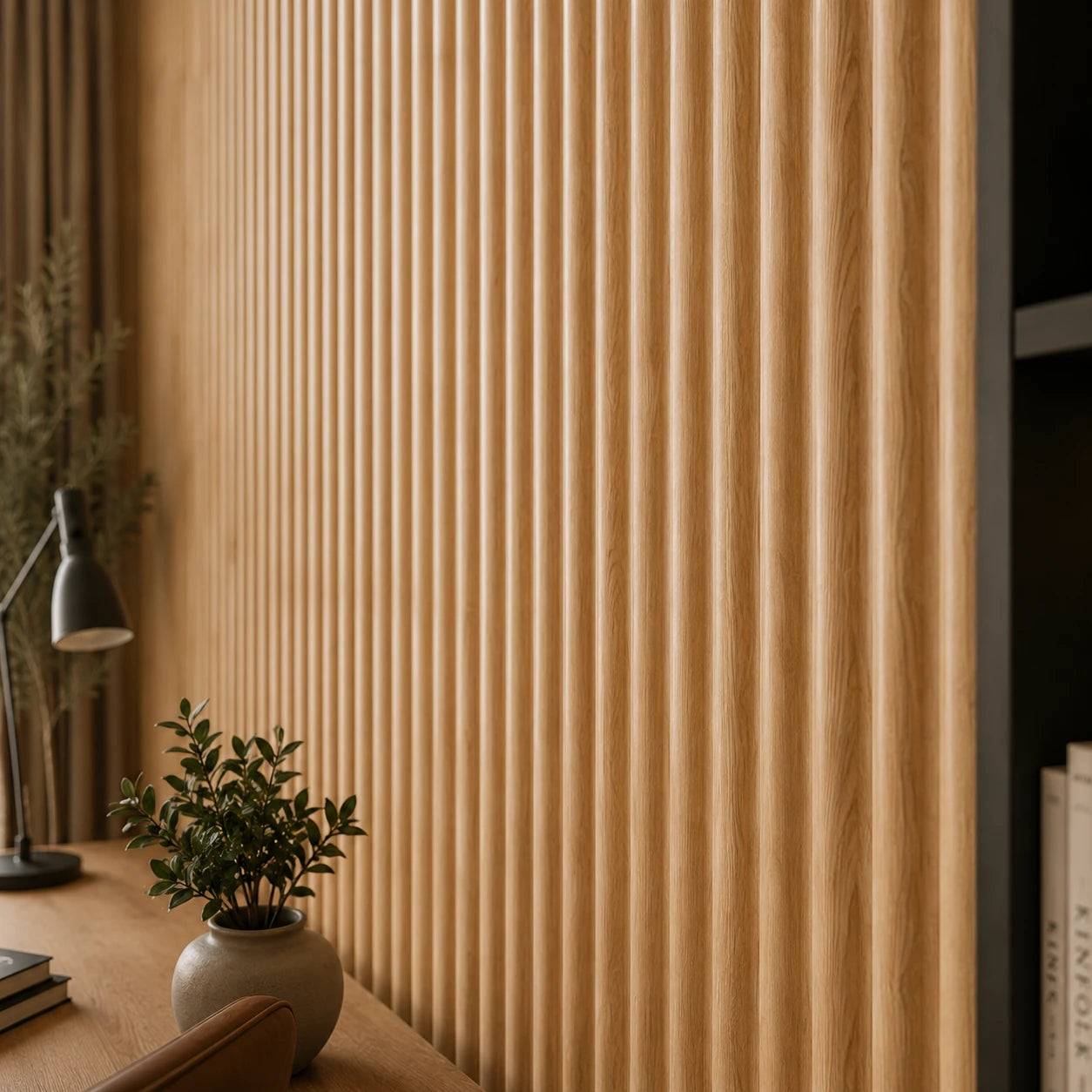 Close-up view from the right side of natural oak wave-shaped wall panels, with part of a desk, lamp, plant and chair visible