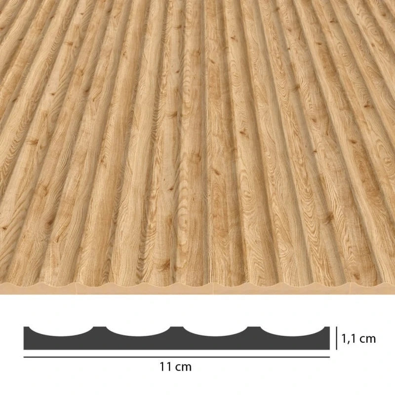 Technical view of natural oak wave-shaped MDF panels showing four flutes, an overall width of 11 cm and a thickness of 1.1 cm