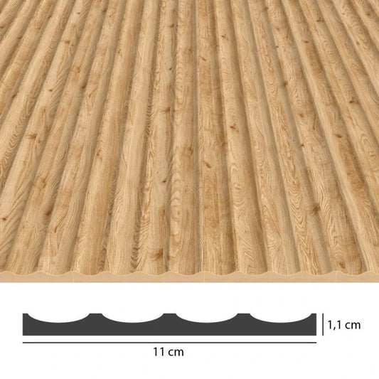 Technical view of natural oak wave-shaped MDF panels showing four flutes, an overall width of 11 cm and a thickness of 1.1 cm