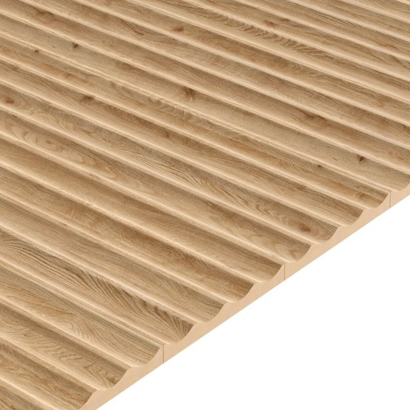 Close-up angled view of connected natural oak MDF panels with continuous narrow wave-shaped fluting and visible wood grain