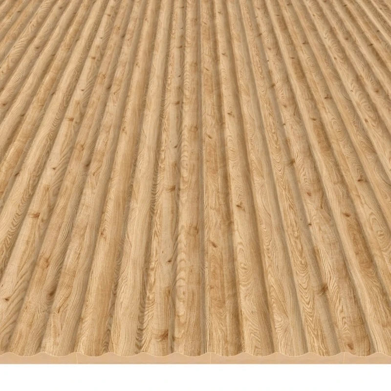 Front perspective of a large surface covered with natural oak panels featuring evenly repeated vertical wave-shaped flutes