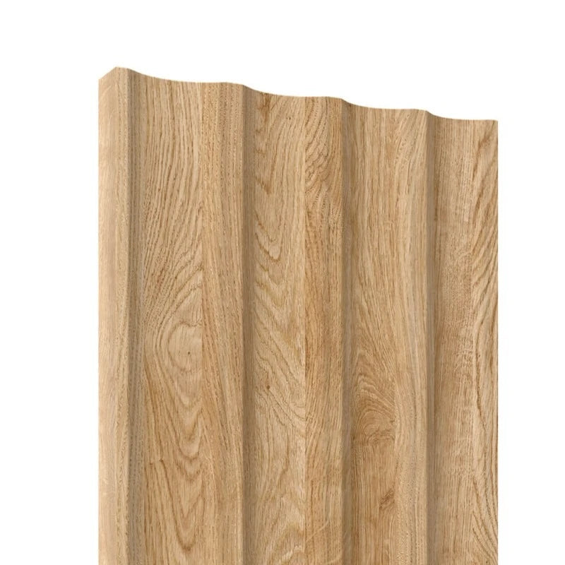 Single natural oak MDF wall panel with four smooth wave-shaped flutes, isolated on a white background
