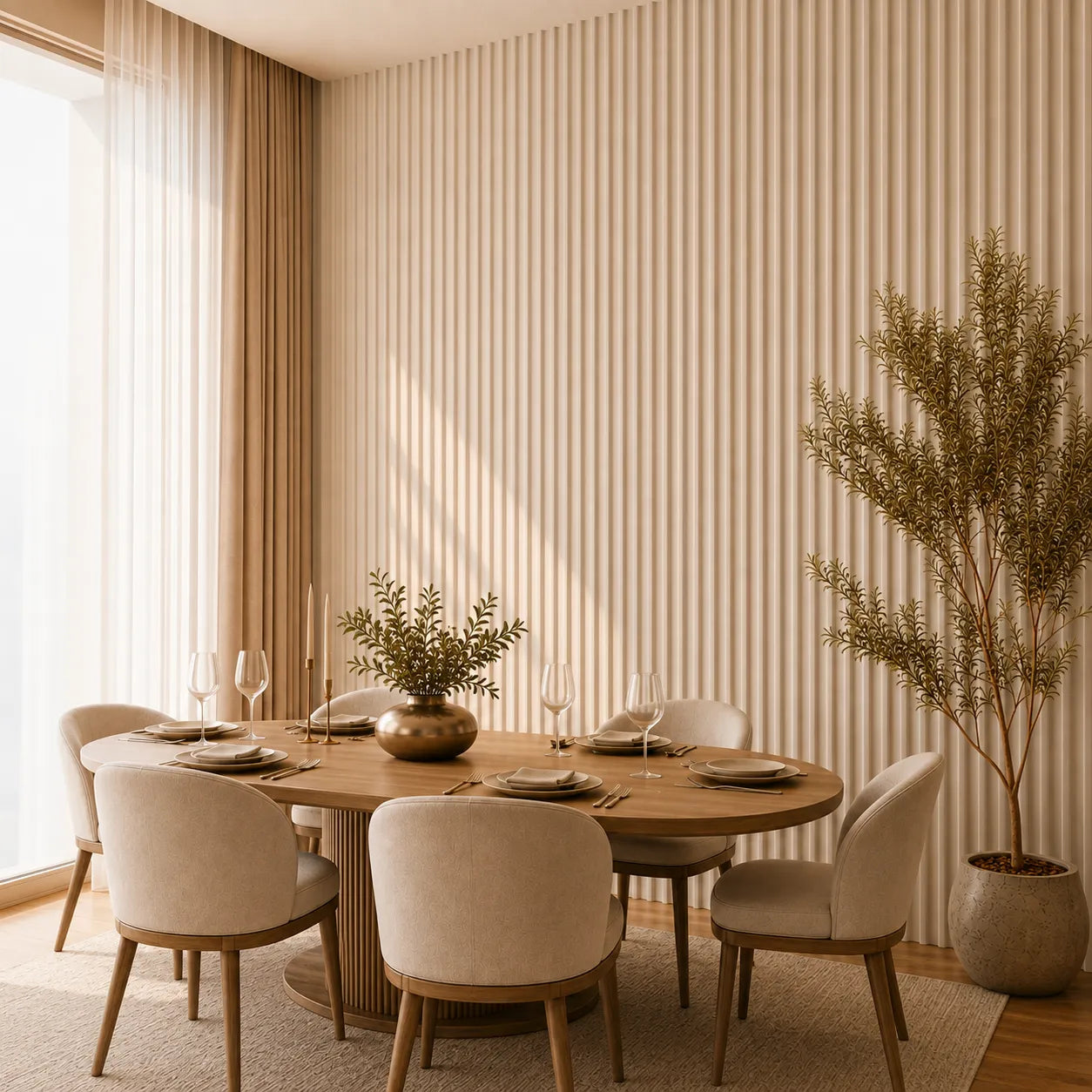 Angled view of an elegant dining room with beige MDF concave fluted wall panels, an oval wooden table and six cream chairs
