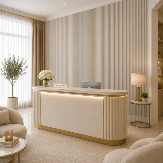 Angled view of an elegant reception area with cashmere MDF concave fluted wall panels and a cream and gold reception desk