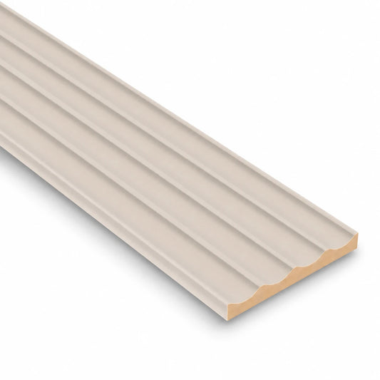 Beige concave fluted MDF wall panel displayed diagonally on a white background with a soft shadow underneath