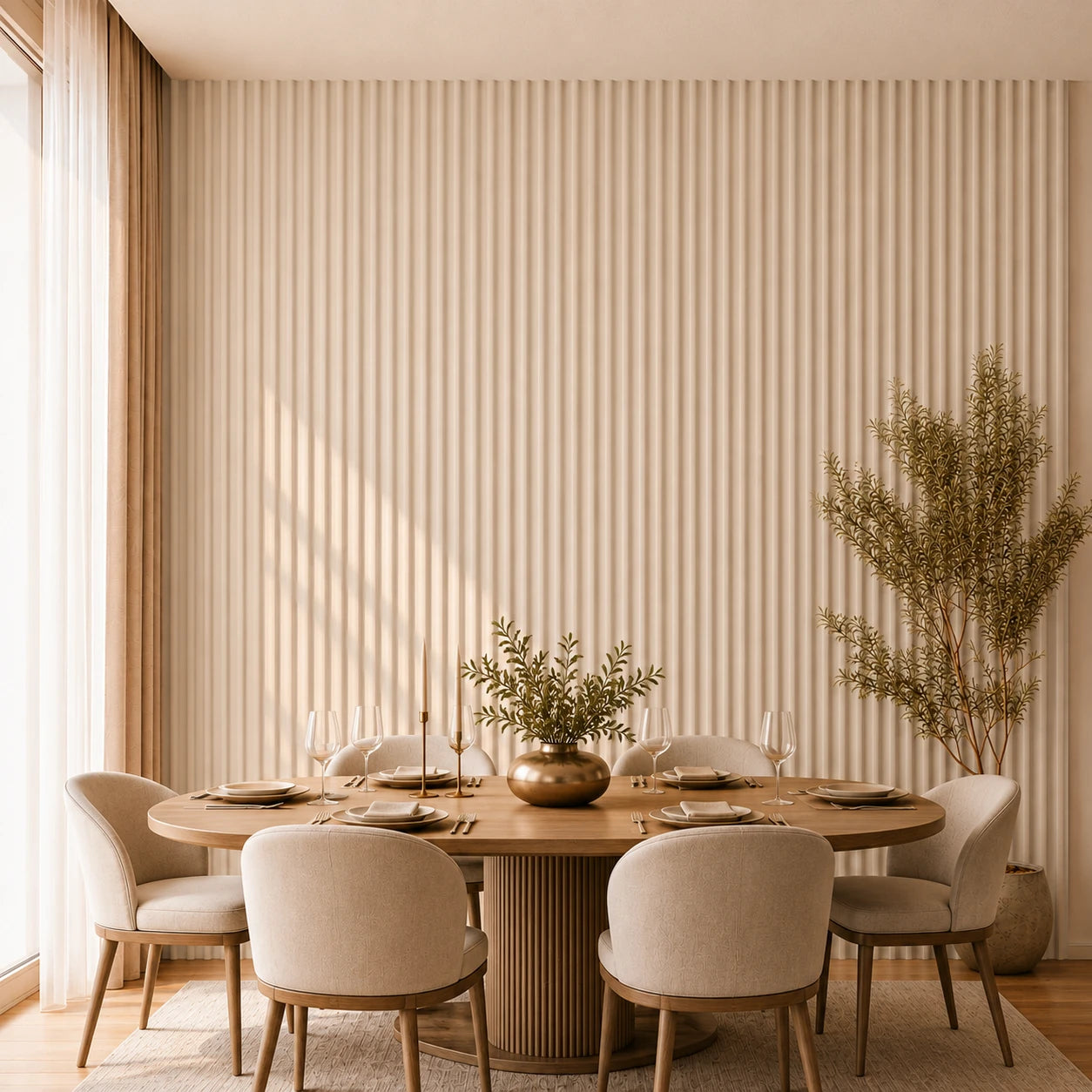Elegant dining room with an oval wooden table, upholstered chairs and a full-height beige fluted feature wall