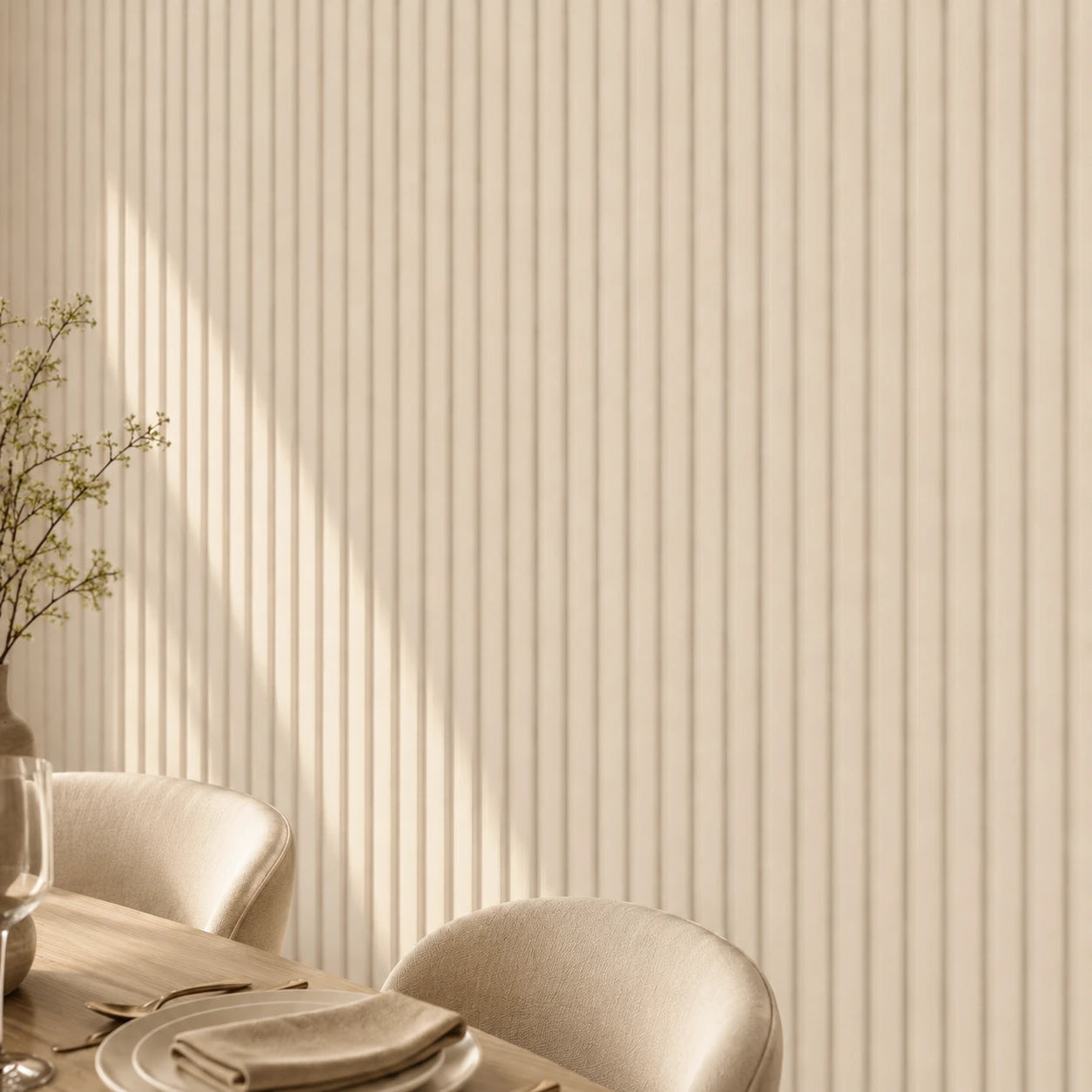 Close-up of a dining area with beige upholstered chairs, tableware and beige vertical fluted wall panels