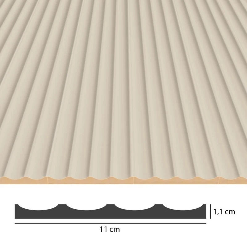 Technical view of beige concave fluted MDF panels showing four grooves, an overall width of 11 cm and a thickness of 1.1 cm.