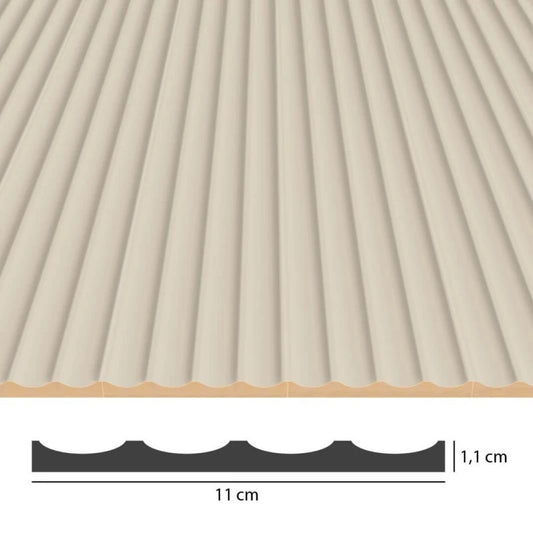 Technical view of beige concave fluted MDF panels showing four grooves, an overall width of 11 cm and a thickness of 1.1 cm.