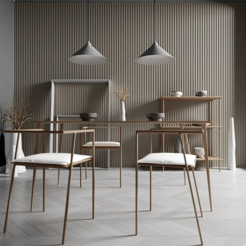 Modern minimalist dining room with slim wooden furniture, pendant lights and a beige fluted feature wall