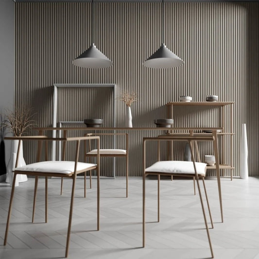 Modern minimalist dining room with slim wooden furniture, pendant lights and a beige fluted feature wall
