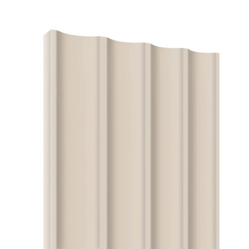 Long narrow beige fluted MDF wall panel displayed diagonally on a white background.