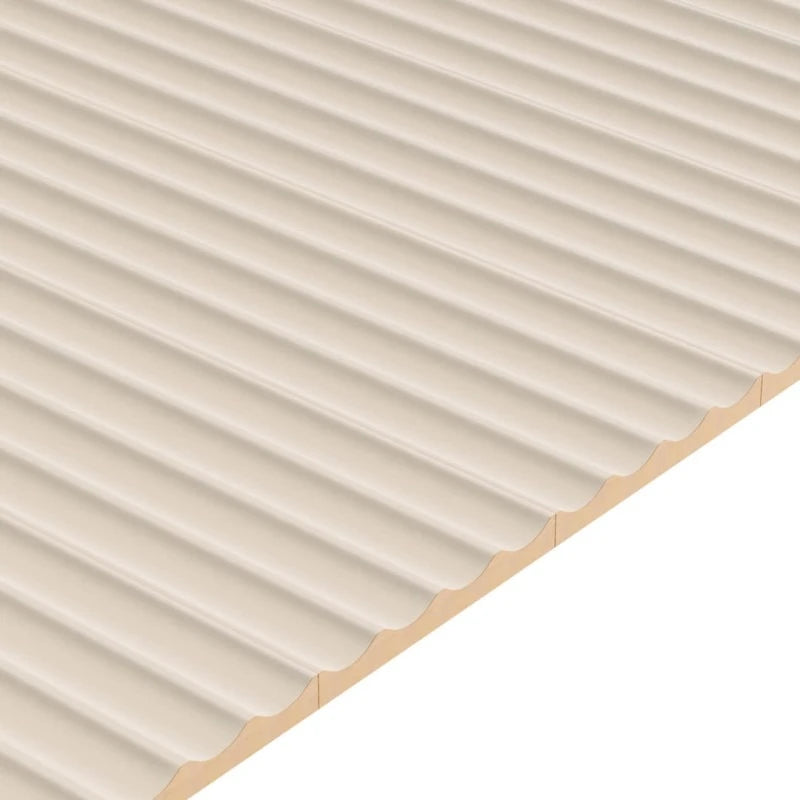 Close-up product view of a beige MDF panel with four smooth vertical concave flutes.