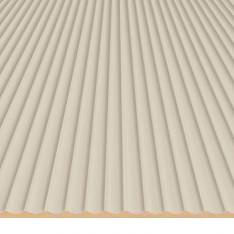 Front perspective of a large surface covered with beige concave fluted MDF wall panels.