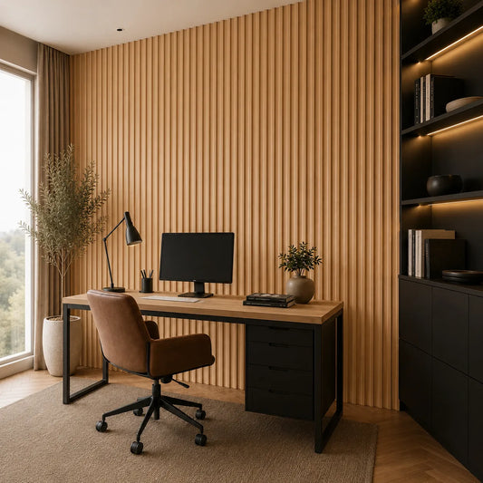 Angled view of a modern home office with natural oak MDF concave fluted wall panels, a wooden desk and a brown leather chair
