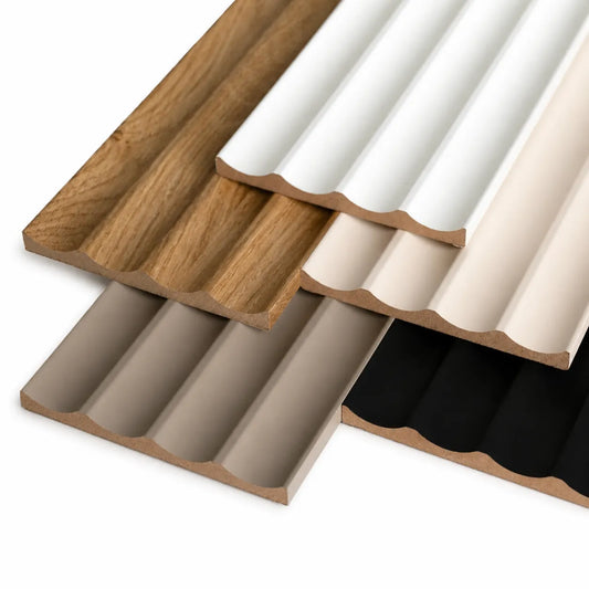 Close-up of MDF fluted wall panel samples in oak, white matt, beige, cashmere and black matt
