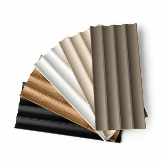 MDF fluted wall panel colour samples arranged in a fan on a white background