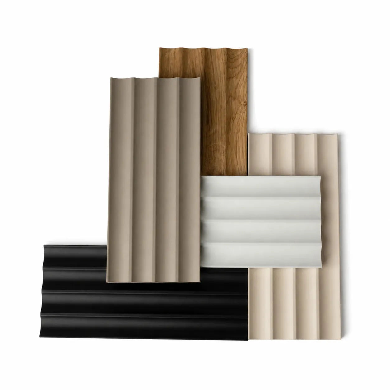 MDF fluted wall panel samples in black matt, oak, white matt, beige and cashmere on a white background