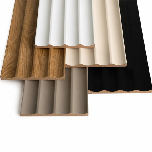 Close-up of five MDF fluted wall panel finishes with curved grooves and exposed MDF edges
