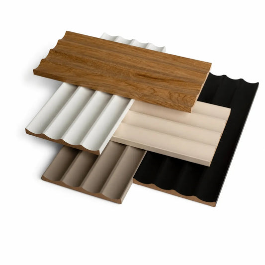 Overlapping MDF fluted wall panel samples in oak, white, beige, cashmere and black