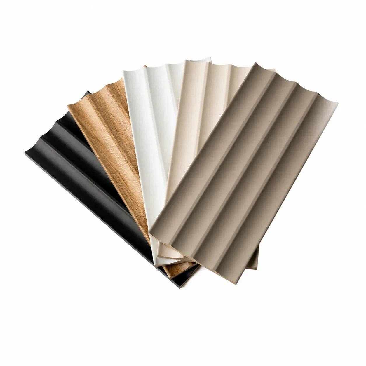 Fan display of MDF fluted wall panel samples in black matt, oak, white matt, beige and cashmere