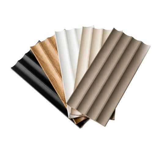 Fan display of MDF fluted wall panel samples in black matt, oak, white matt, beige and cashmere