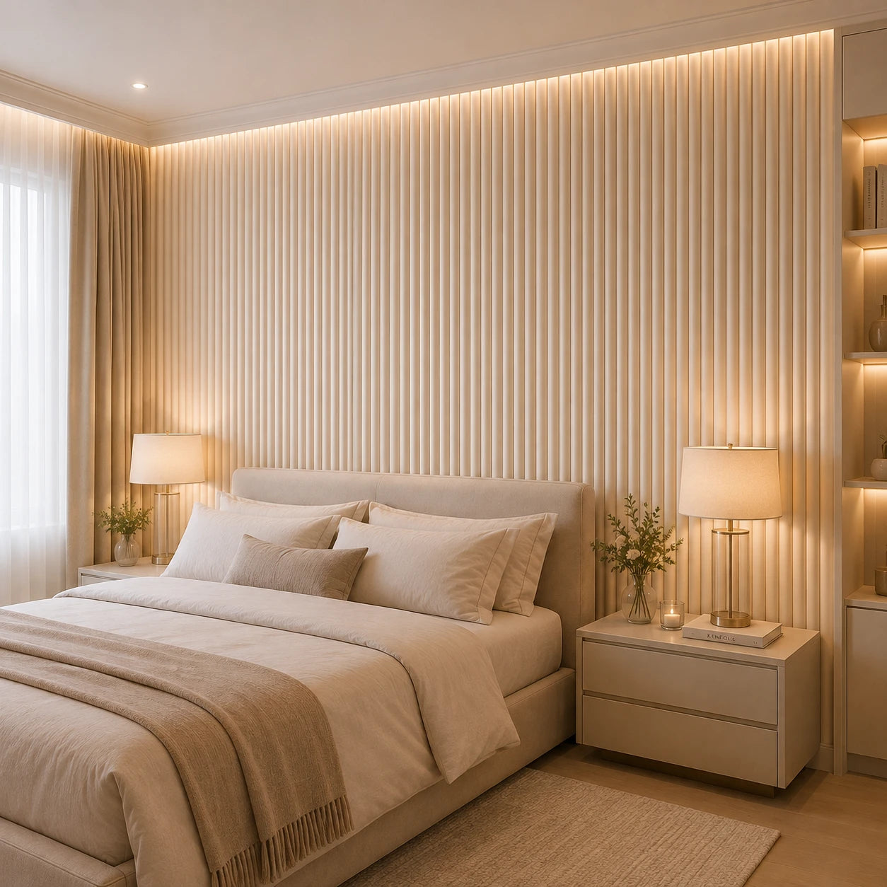 Angled view of a warm, minimalist bedroom with layered neutral bedding, brass bedside lamps, illuminated shelving, and a full-height wall covered with beige, rounded fluted panels