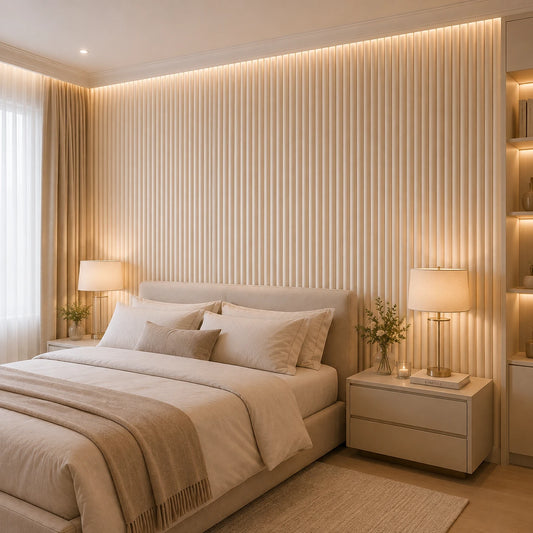 Angled view of a warm, minimalist bedroom with layered neutral bedding, brass bedside lamps, illuminated shelving, and a full-height wall covered with beige, rounded fluted panels