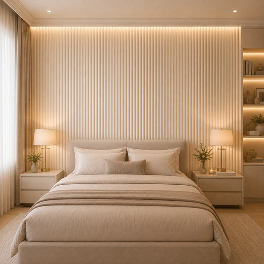 Front view of an elegant beige bedroom featuring a centered upholstered bed, matching bedside tables, symmetrical lamps, soft ambient lighting, and narrow convex fluted wall panels