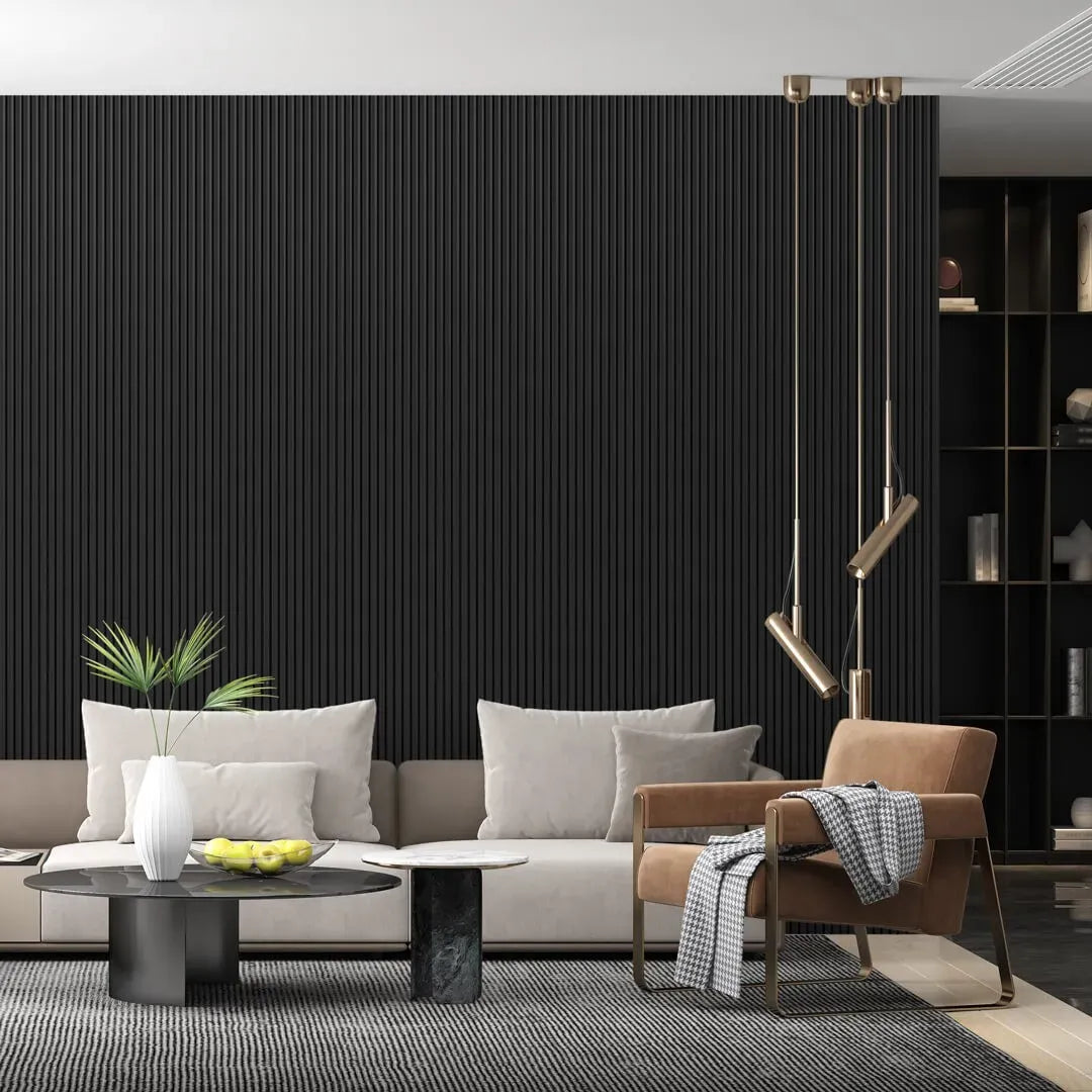 MDF Fluted Wall Panels - Black Matt in modern living room interior DecorMania.eu