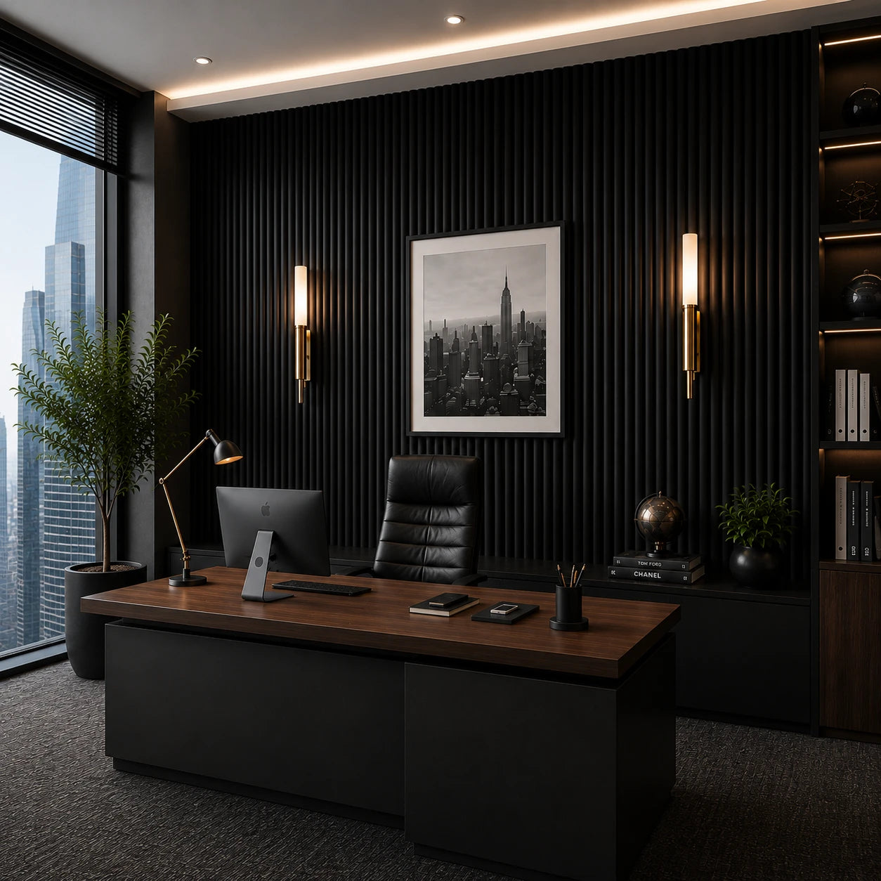 Angled view of a high-end executive office featuring narrow, convex matte black wall panels, a walnut desk, black leather seating, warm integrated lighting, and a panoramic skyscraper view
