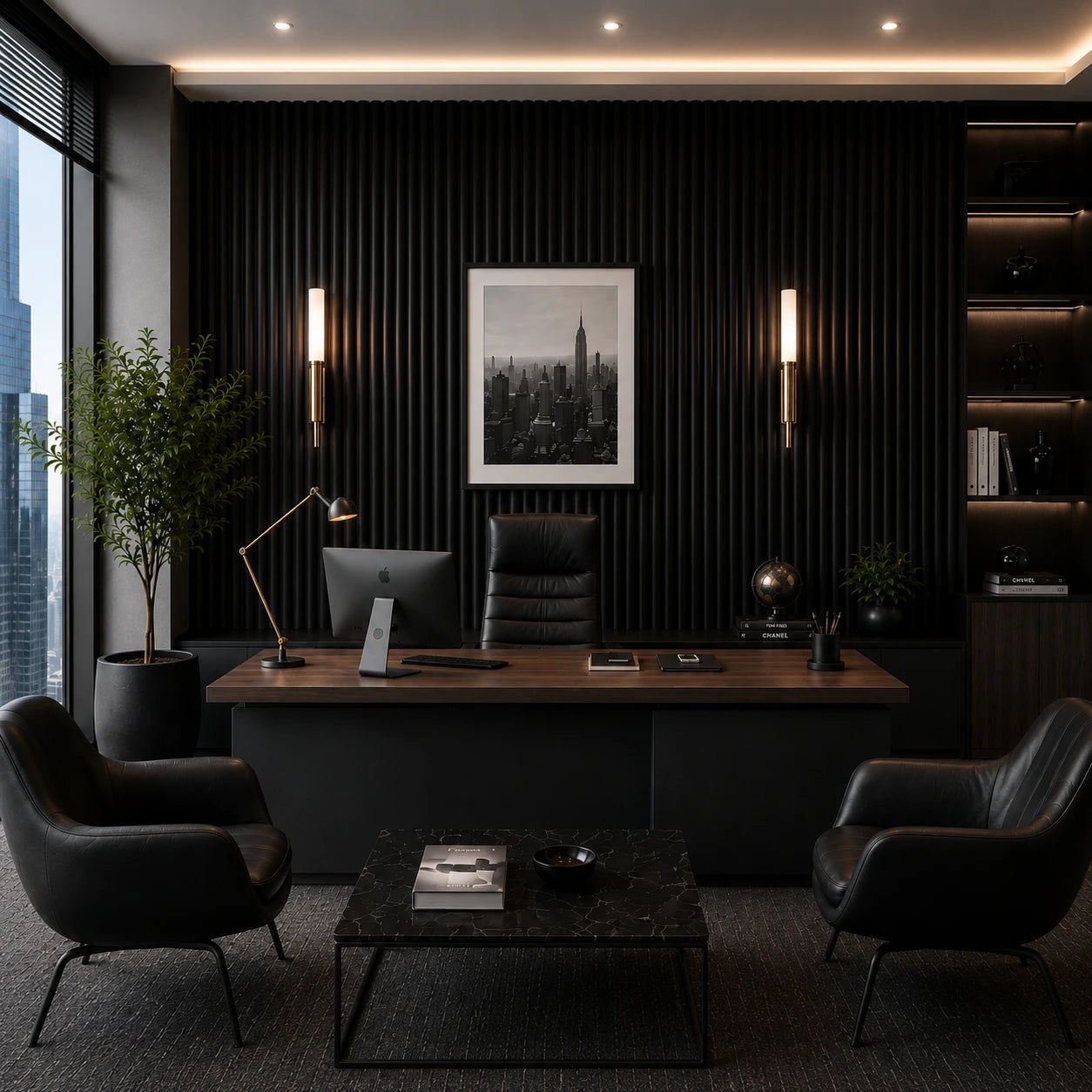 Front view of a luxurious modern executive office with matte black fluted wall panels, a dark wood desk, black leather chairs, warm brass lighting, and floor-to-ceiling windows overlooking the city