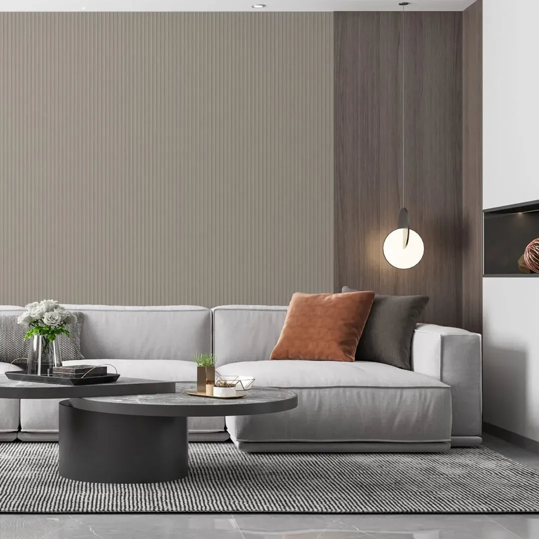 MDF Fluted Wall Panels - Cashmere in modern living room interior DecorMania.eu