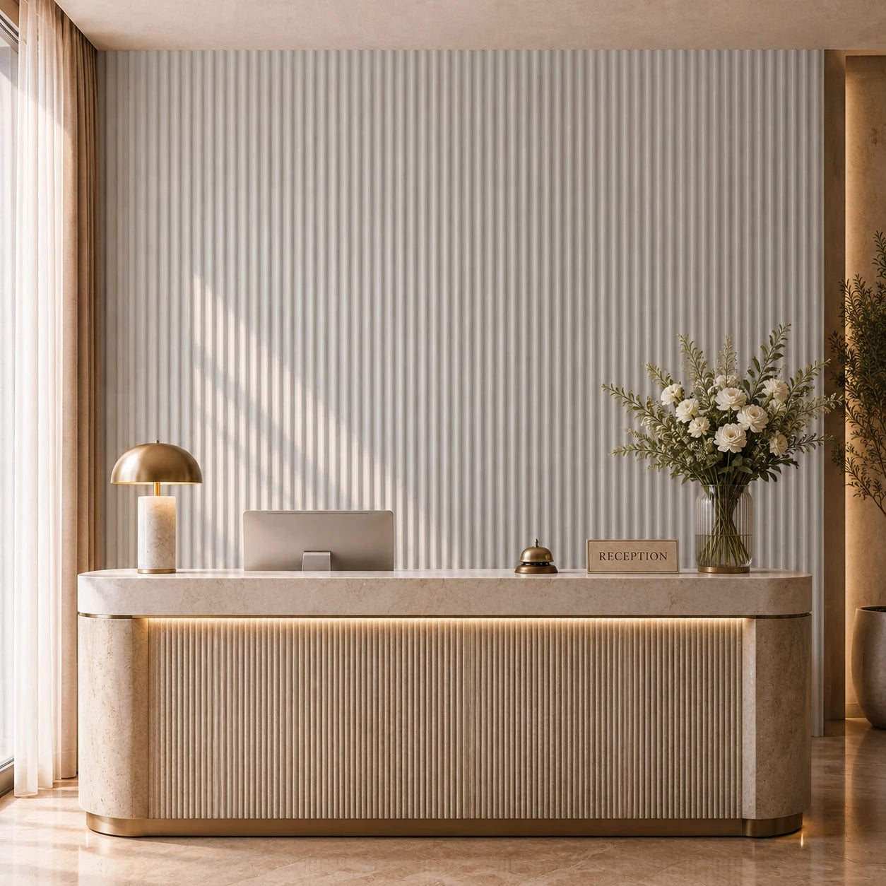 Elegant hotel reception with a marble desk, brass accessories, flowers and a cashmere-coloured fluted feature wall
