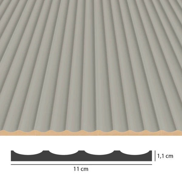 Technical view of cashmere fluted MDF panels showing four curved grooves, an overall width of 11 cm and a thickness of 1.1 cm