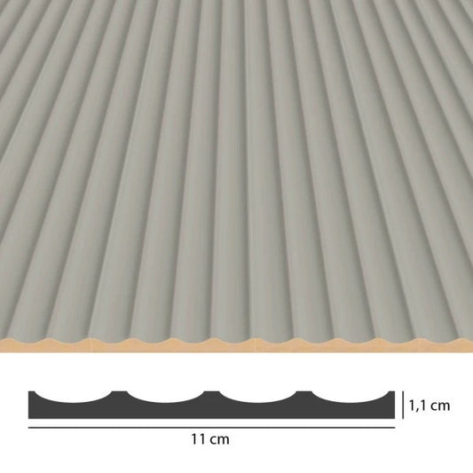 Technical view of cashmere fluted MDF panels showing four curved grooves, an overall width of 11 cm and a thickness of 1.1 cm
