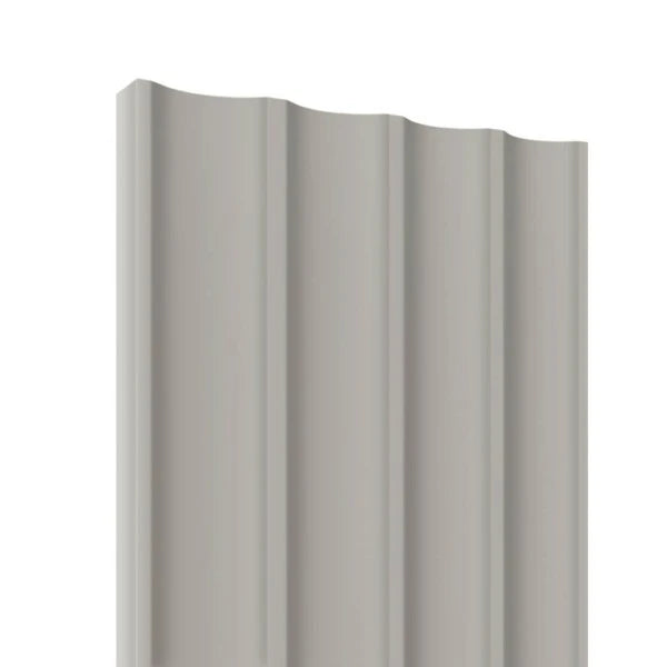 Close-up product view of a cashmere MDF panel with four smooth vertical wave-shaped flutes.