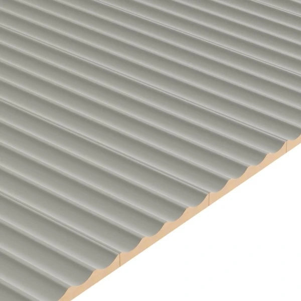 Close-up of several connected cashmere fluted MDF panels with the natural MDF core visible along the edge.