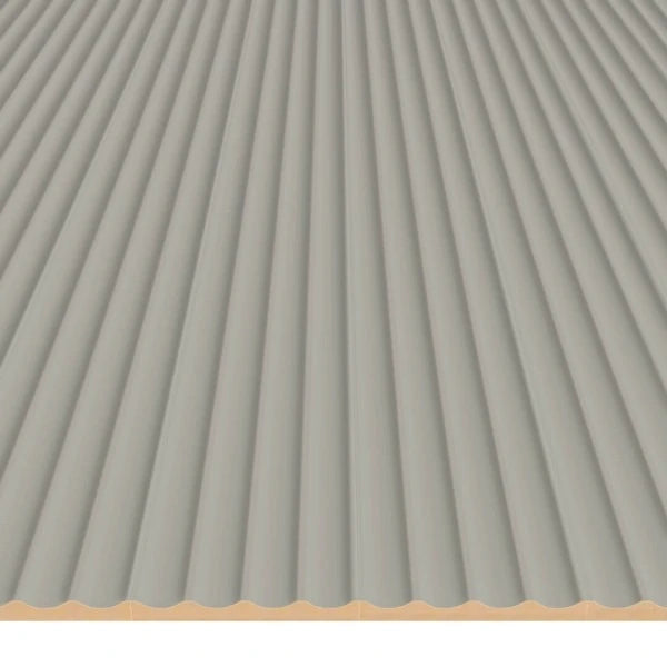 Front perspective of a large surface covered with cashmere-coloured wave-shaped fluted MDF panels
