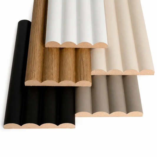 Overlapping Montero fluted wall panel samples in black, taupe, white, beige and oak
